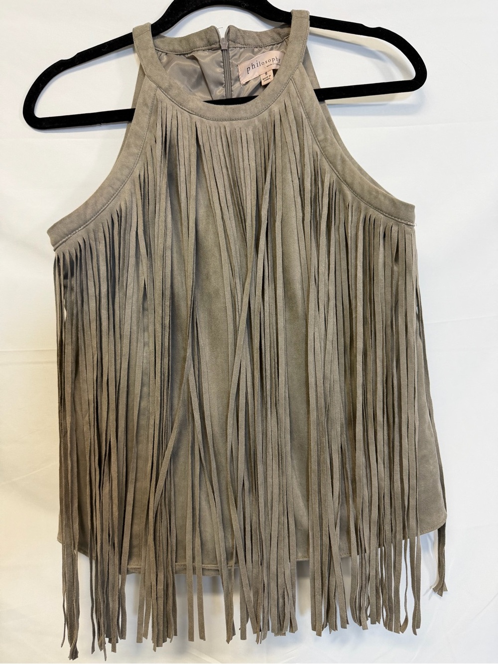 Philosophy Taupe Faux Suede Fringe Tank Top Small Boho Western Festival Halter